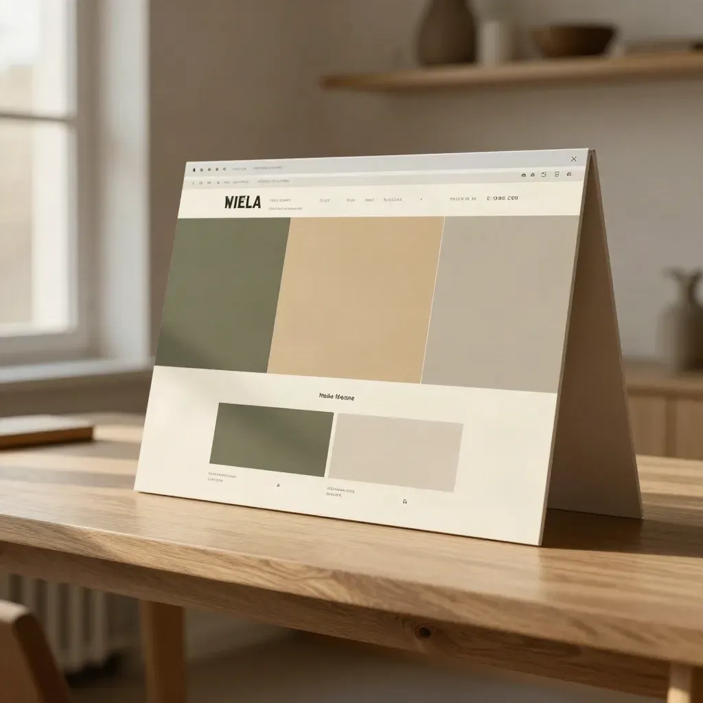 Website mockup board with abstract image blocks, a backdrop card and slim light panel in warm studio light.