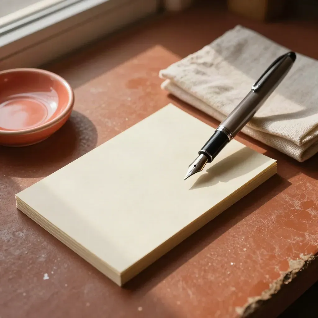 Fountain pen, cream cards and coral ink dish on a terracotta workbench in warm window light.