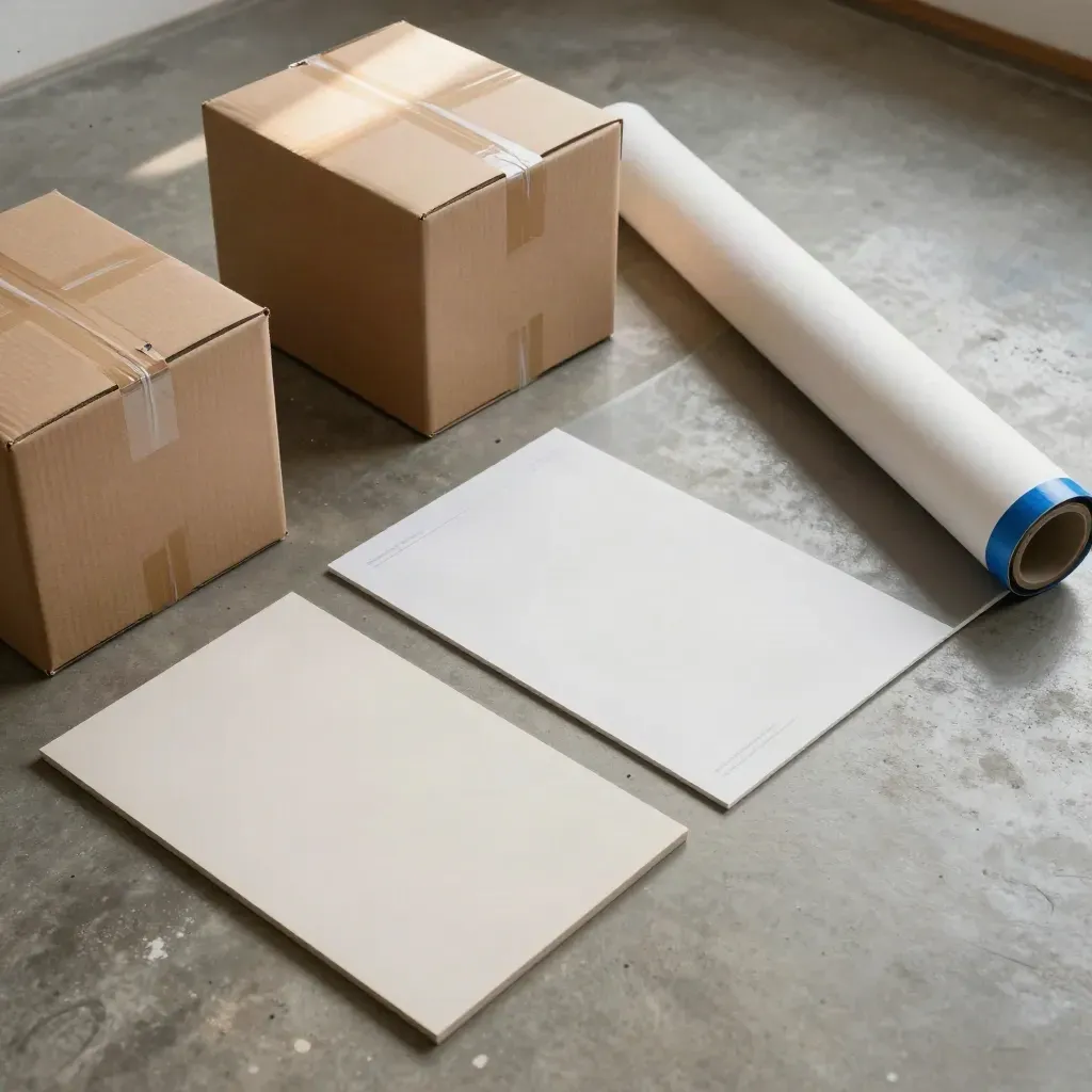 Overhead launch bundle on concrete with boxes, mockup boards, backdrop edge and a blue tape accent