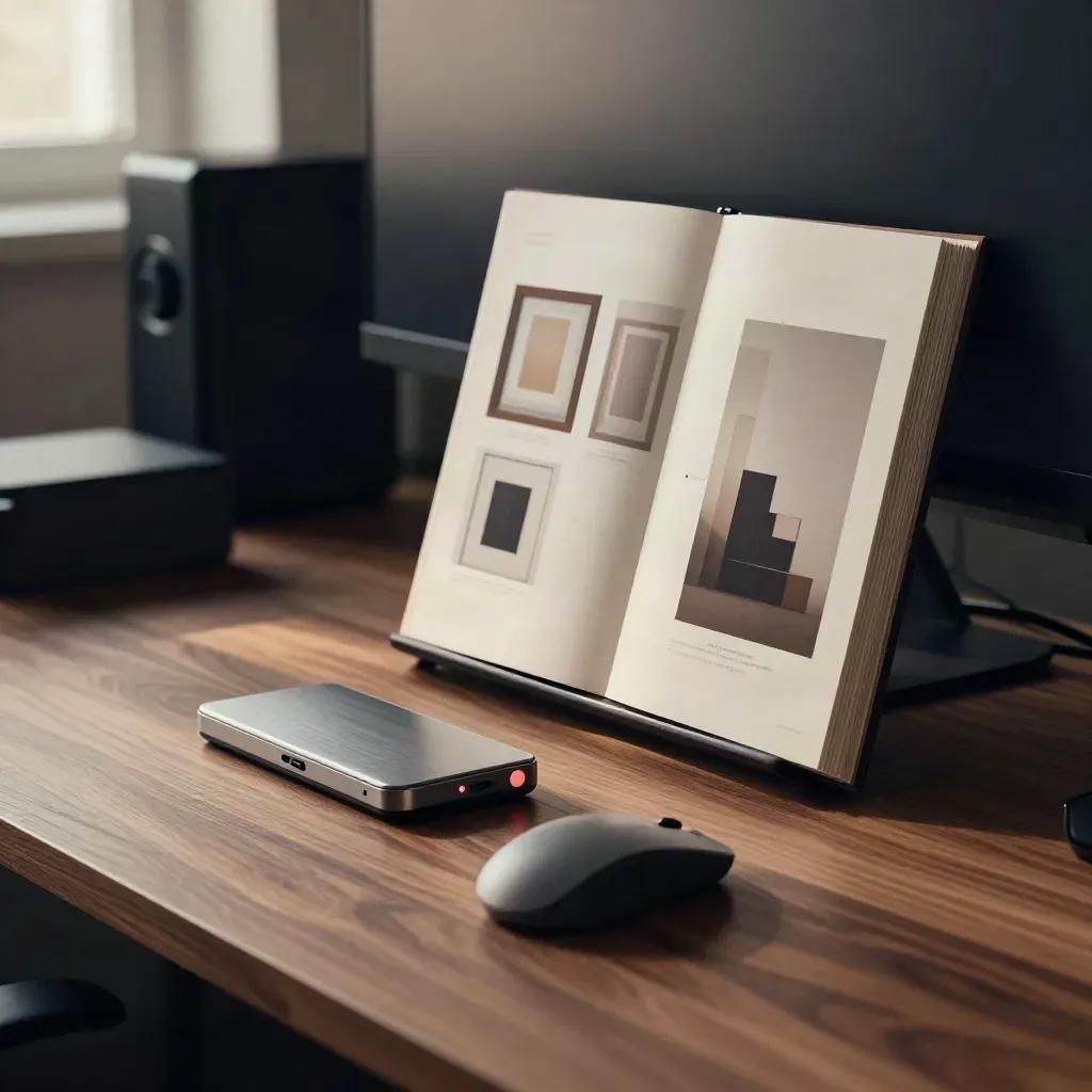 Side-on edit station with monitor glow, mouse, drive and preview boards on warm walnut.