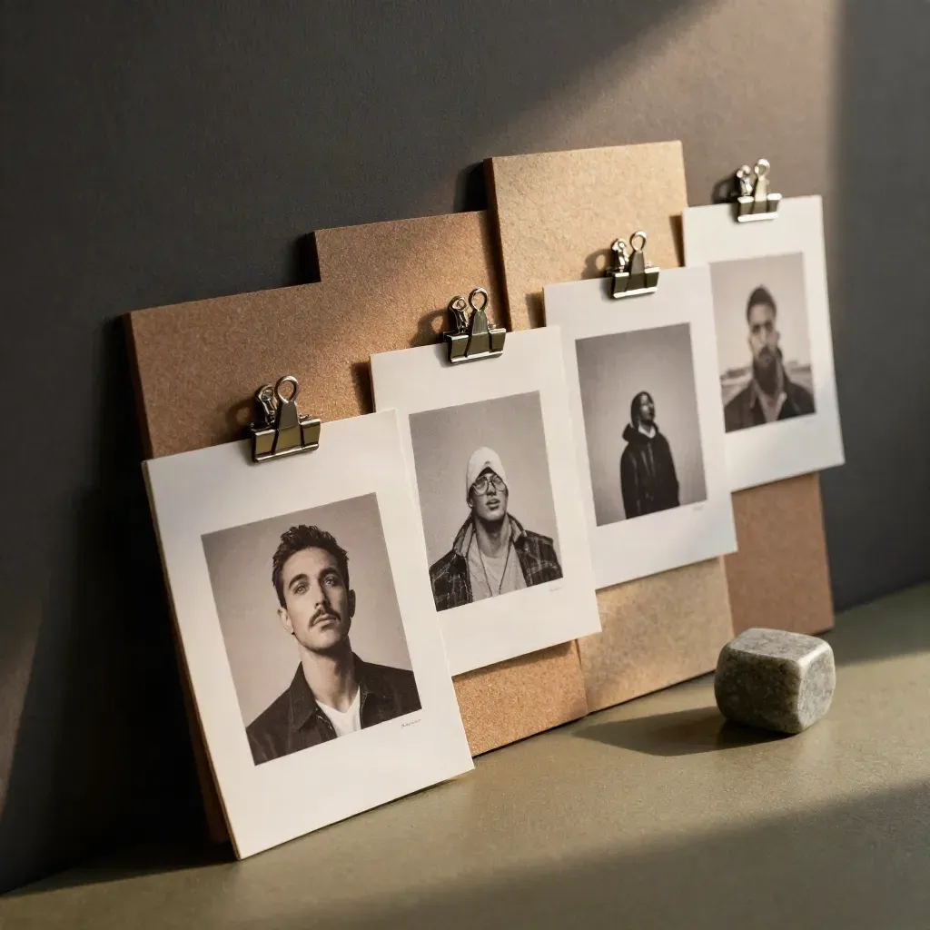 Low-angle studio proof boards pinned to wall with foam boards and a paperweight in haze.