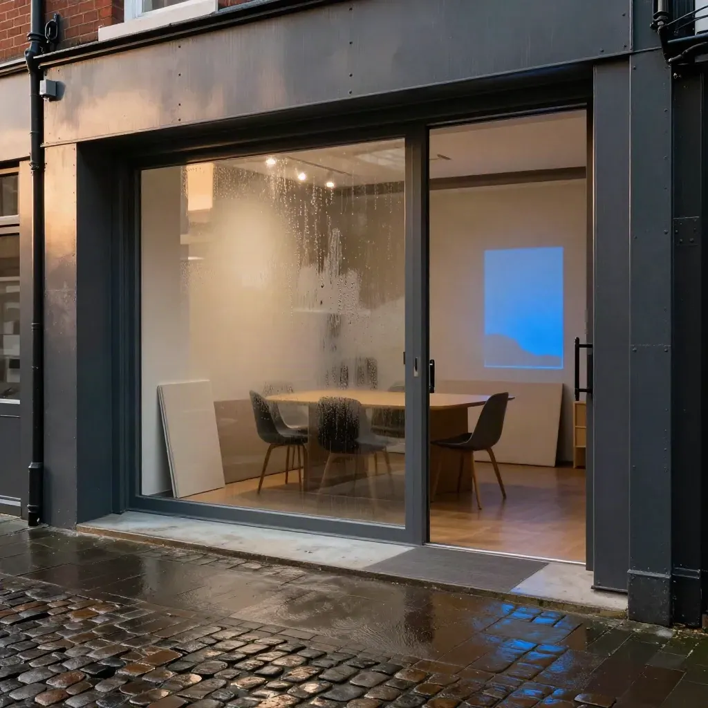 Wet Bristol studio entrance with glass room, open industrial door and blue reflections after reset.