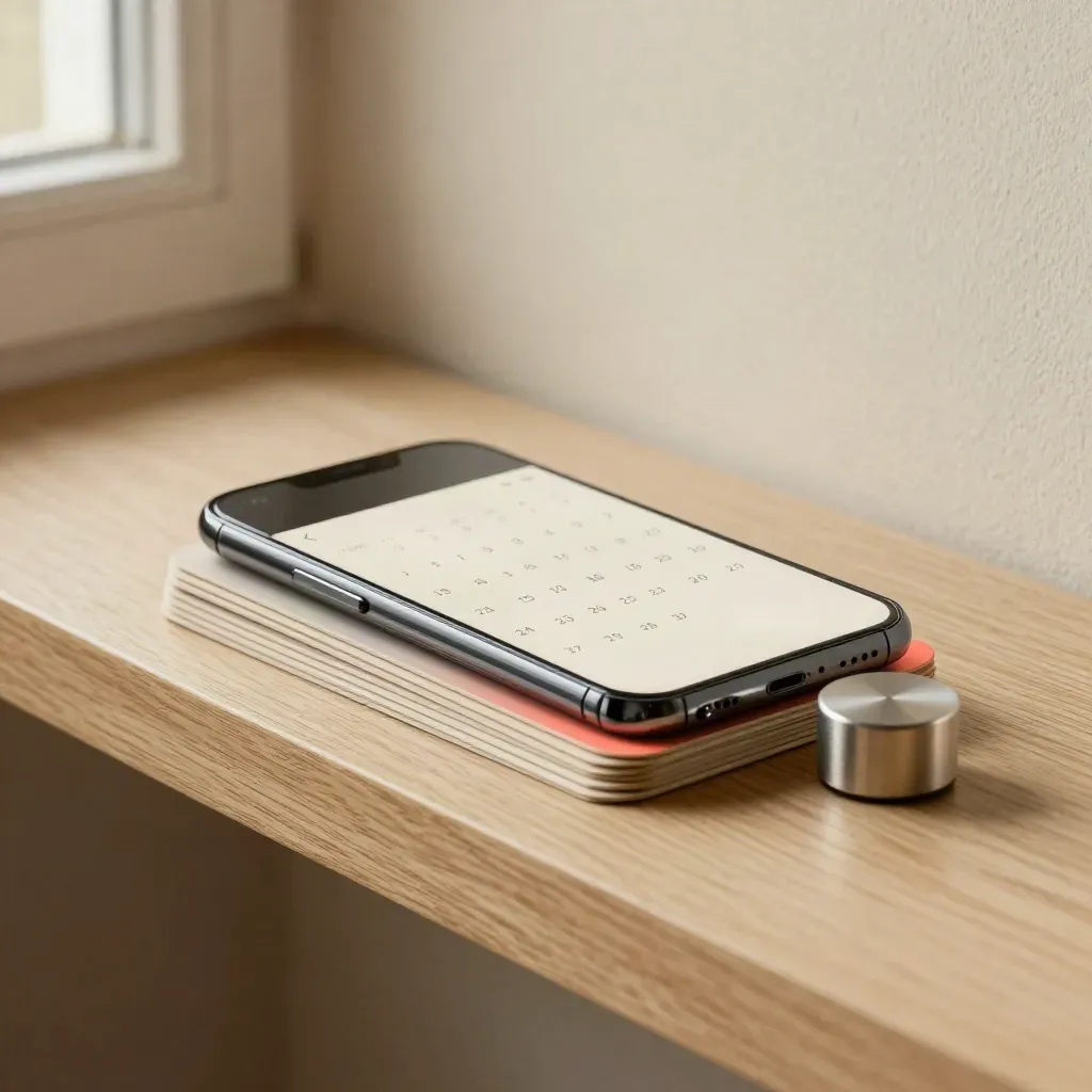 Top-down close-up of story cards, a smartphone and a small light puck on a warm ledge.