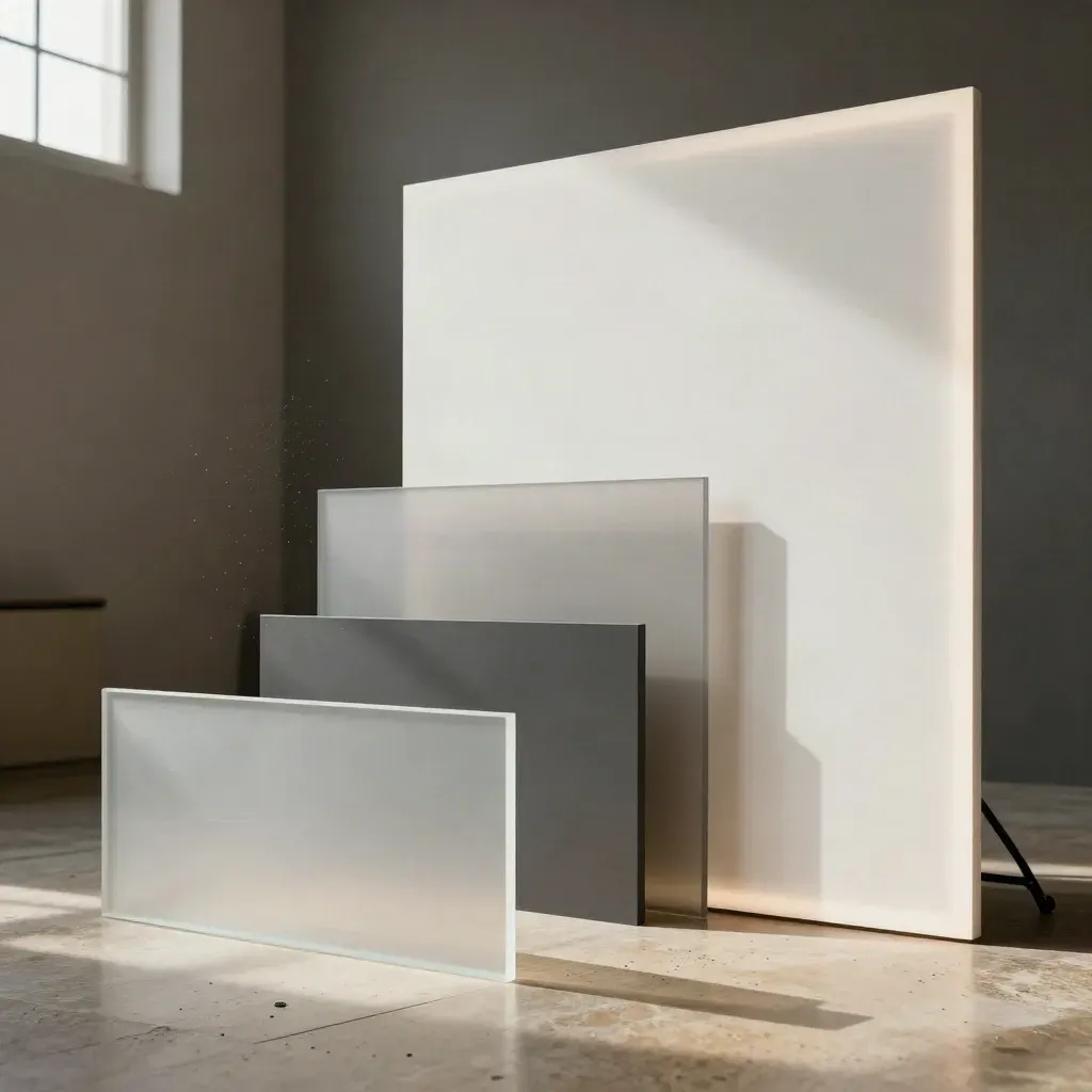 Abstract homepage hero build with layered blocks, blank card, and slim light panel in a studio