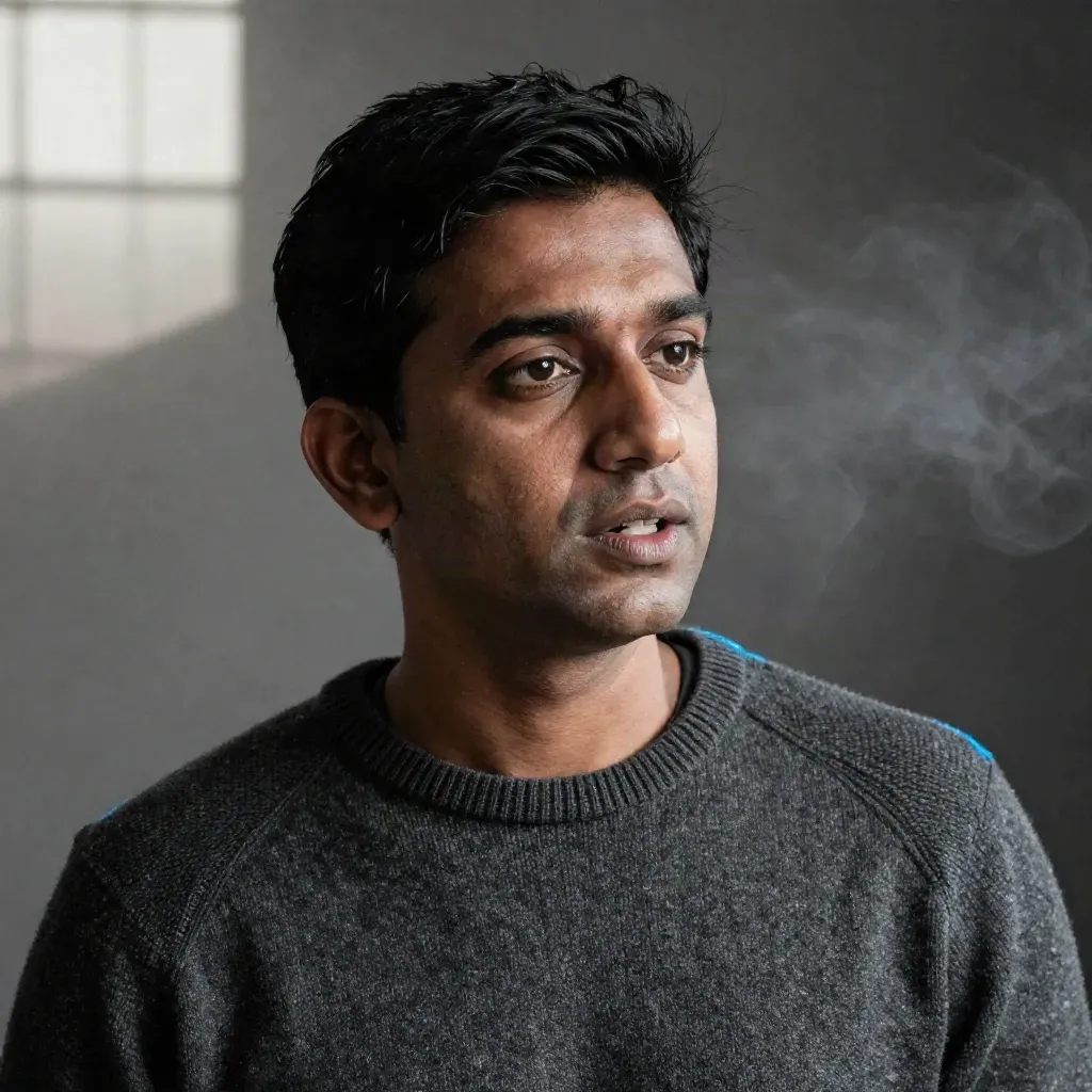 British South Asian founder in a charcoal knit, paused mid-sentence under a faint electric-blue rim.