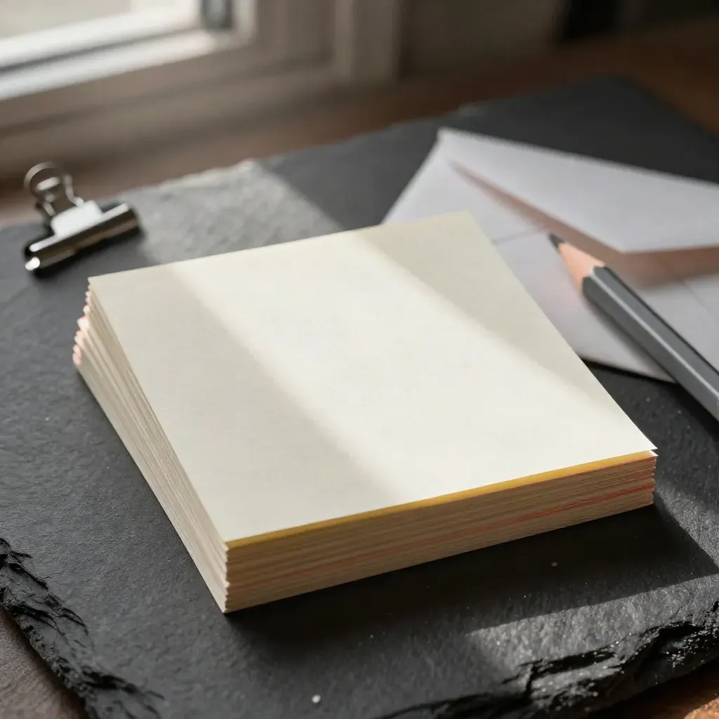 Blank note cards, pencil, metal clip and folded envelope in dramatic overhead light.