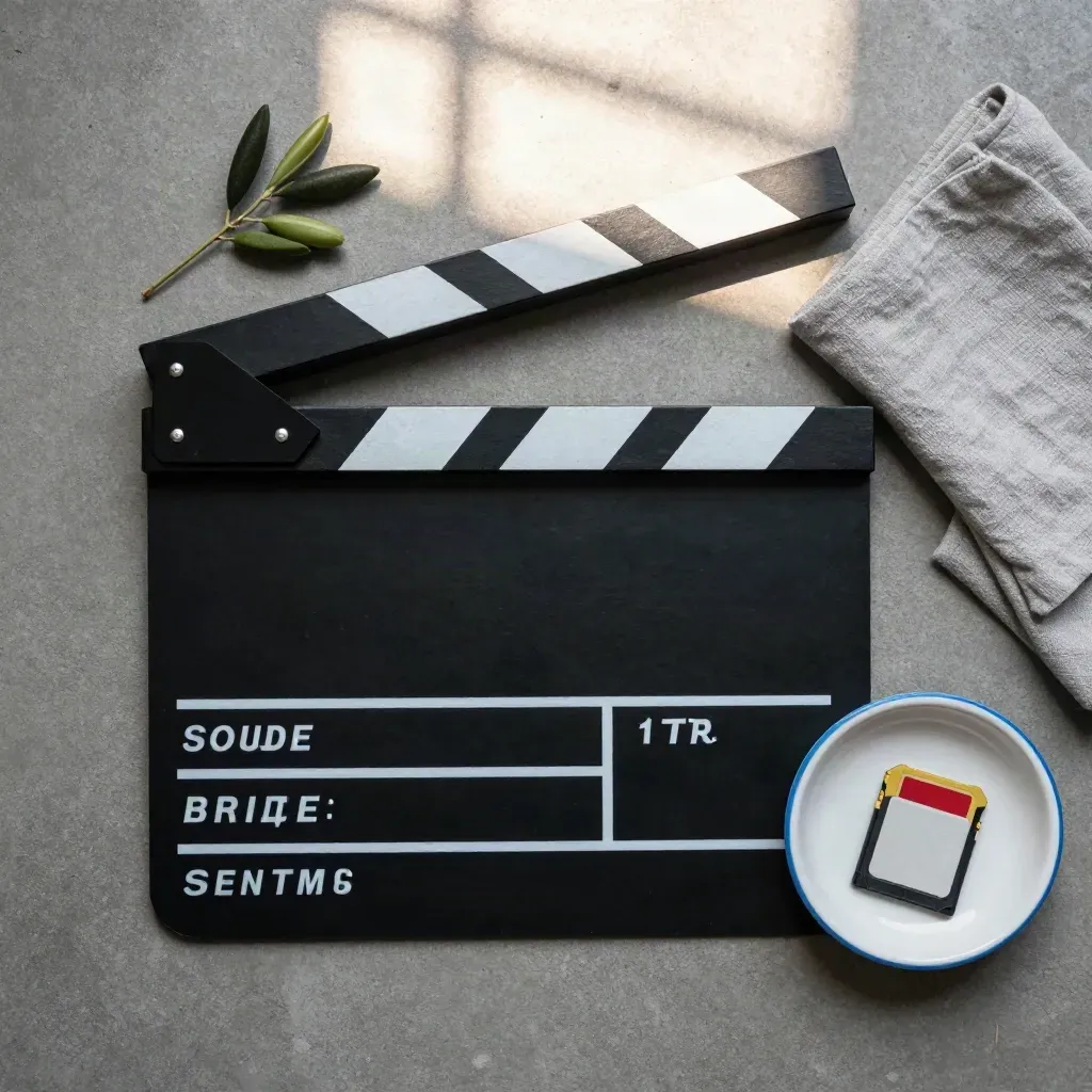 Overhead clapperboard flatlay with olive sprig, linen cloth and SD cards on concrete.