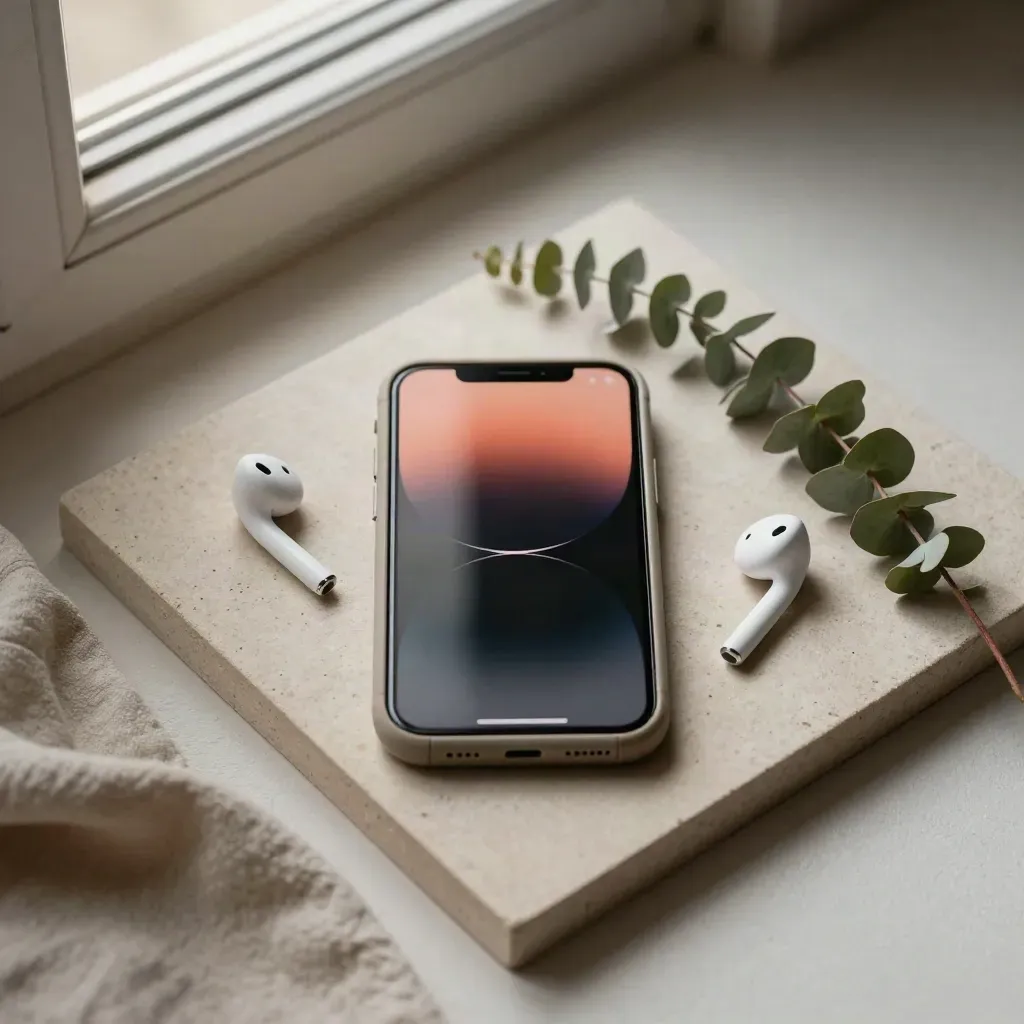 Top-down still life of a phone, LED puck, earbuds, and eucalyptus on a stone tray.