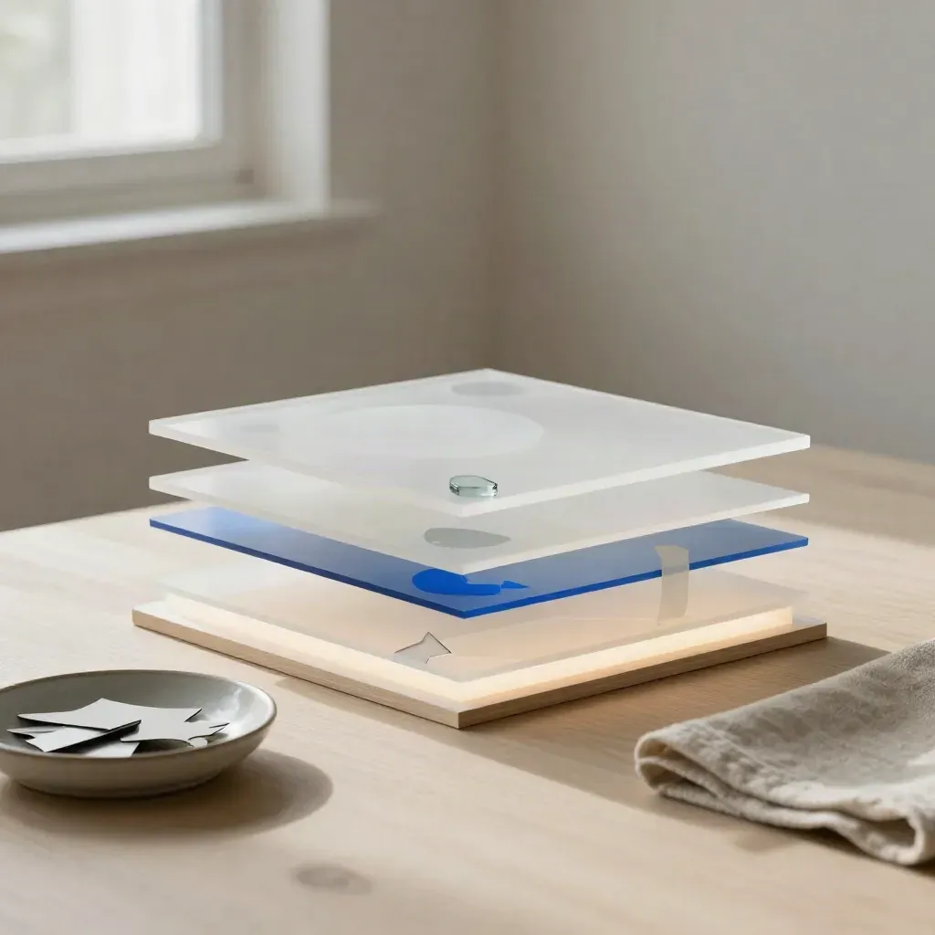 Layered motion-graphics shapes on a light box with tracing paper, paperweight, and linen cloth