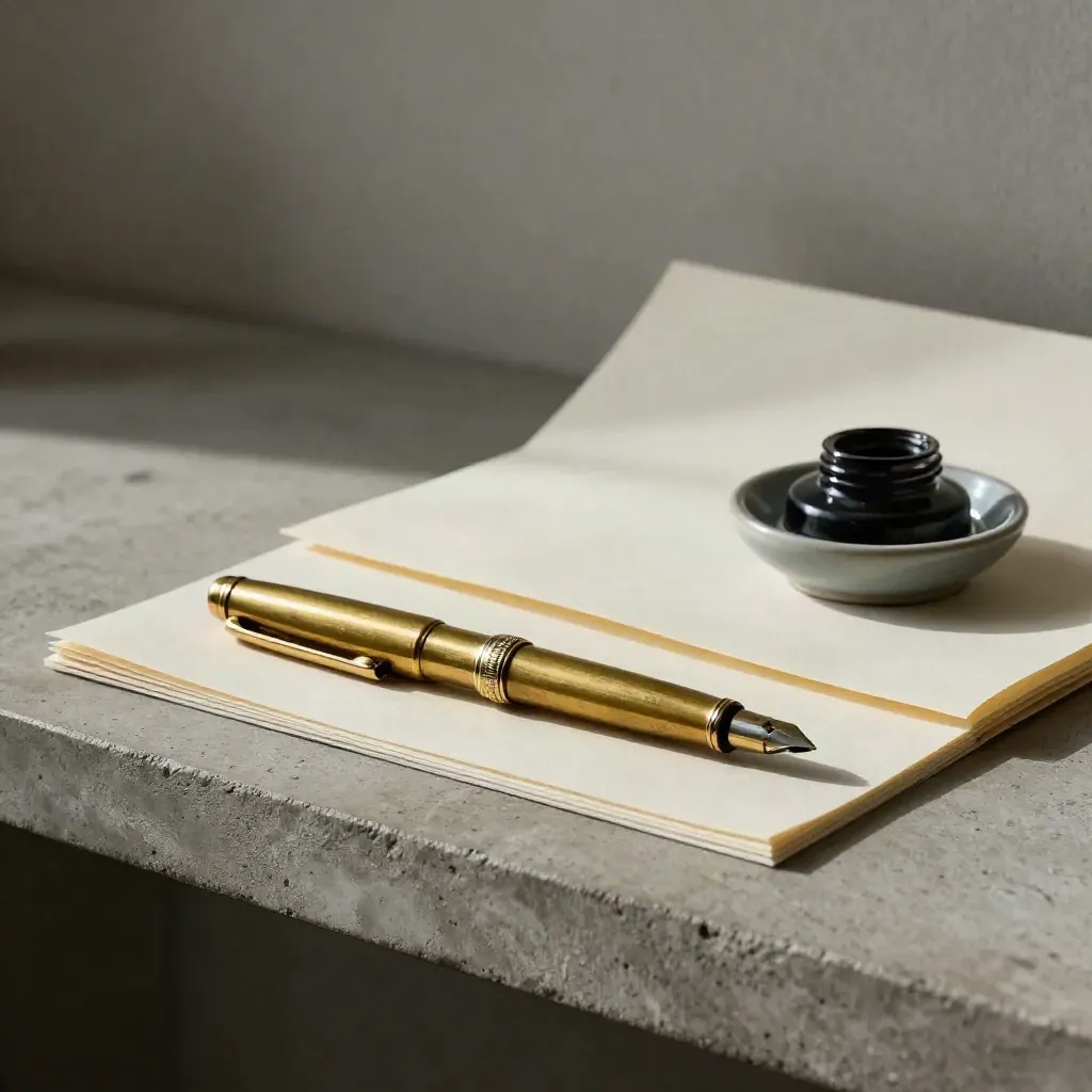 Brass fountain pen beside cream manuscript sheets, linen blotter and charcoal ink dish