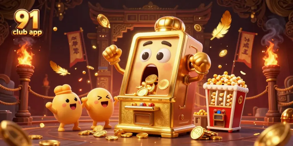 Engage with the thrilling 91 club app as golden slot machines celebrate big wins in a vibrant casino scene.