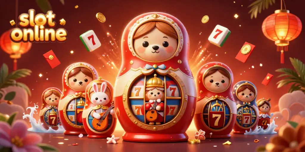 Experience thrilling slot online action in a vibrant 3D illustration with casino elements.