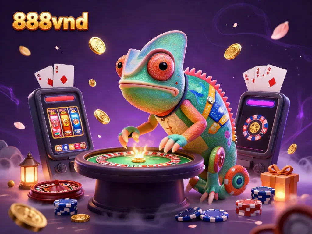 Experience 888vnd's vibrant casino scene with chameleon owner, slots, and golden coins.