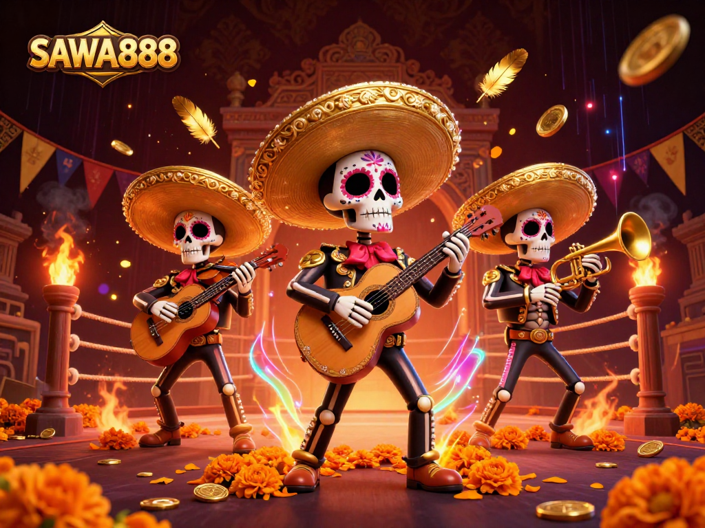 SAWA888 showcases vibrant 3D mariachi skeletons amid rich casino elements, capturing festive gambling energy.