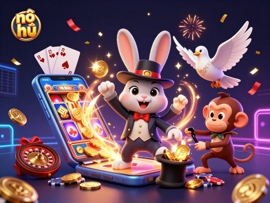 Experience the thrill of nổ hũ with a magical scene of winning coins and colorful slot games.