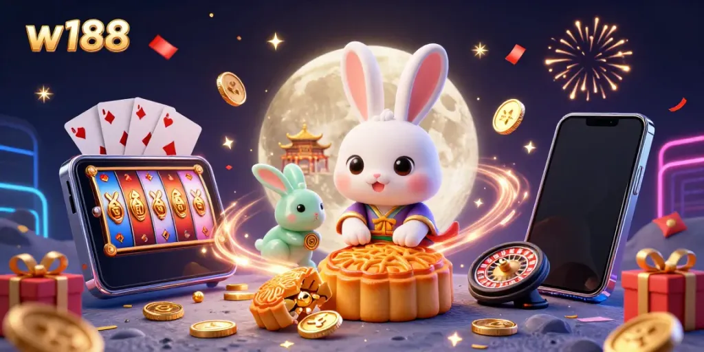 Engage with the lively casino atmosphere of w188, featuring a whimsical moon rabbit and vibrant gaming elements.