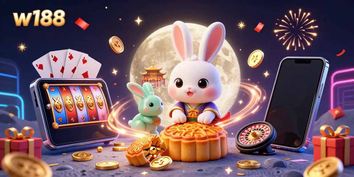 Engage with the lively casino atmosphere of w188, featuring a whimsical moon rabbit and vibrant gaming elements.