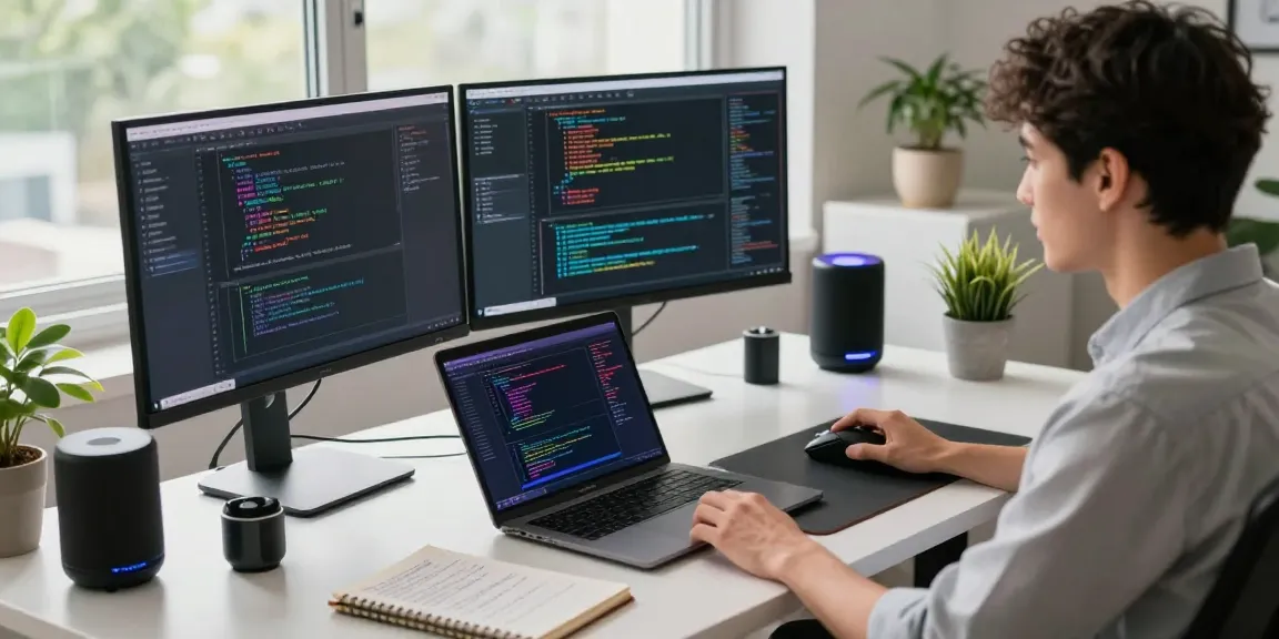 Youthful programmer deeply engaged in coding with 18+ ai tech in a modern workspace.