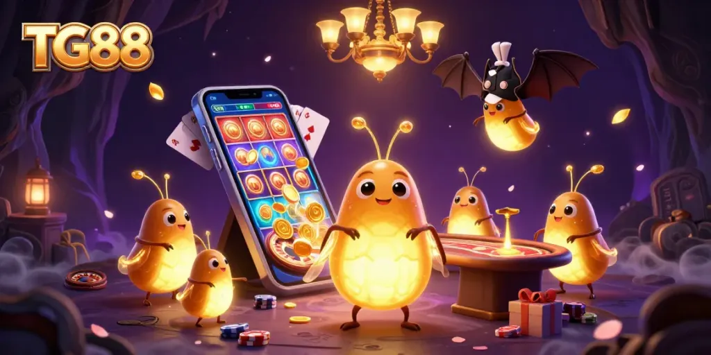 Experience thrill at TG88 with glowing characters in a lively cave casino scene.