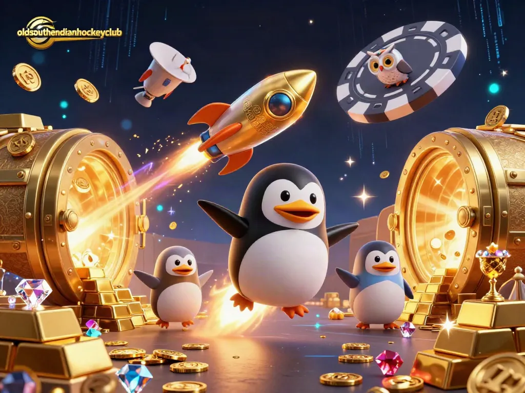 Experience the thrill of oldsouthendianhockeyclub with a golden penguin soaring towards a casino chip station.