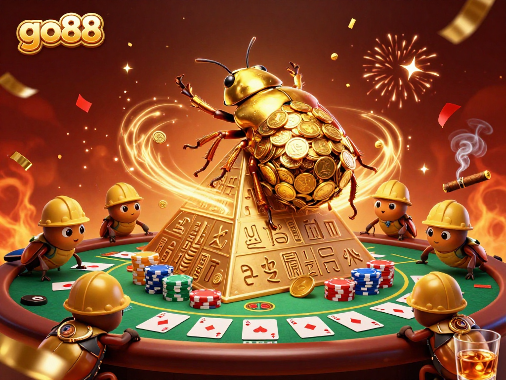 Experience the excitement of go88 with a vibrant casino scene filled with golden coins and poker elements.