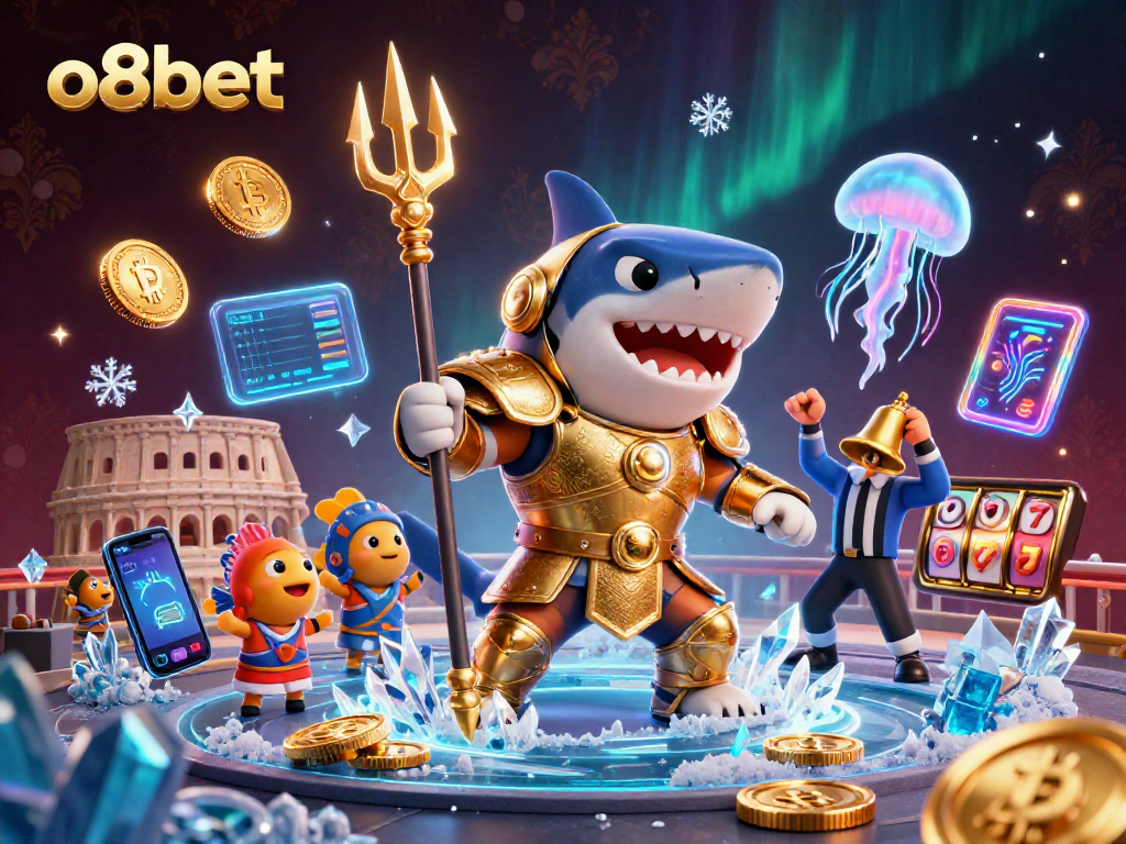 Experience thrilling gaming at o8bet with an action-packed illustration featuring a shark gladiator!
