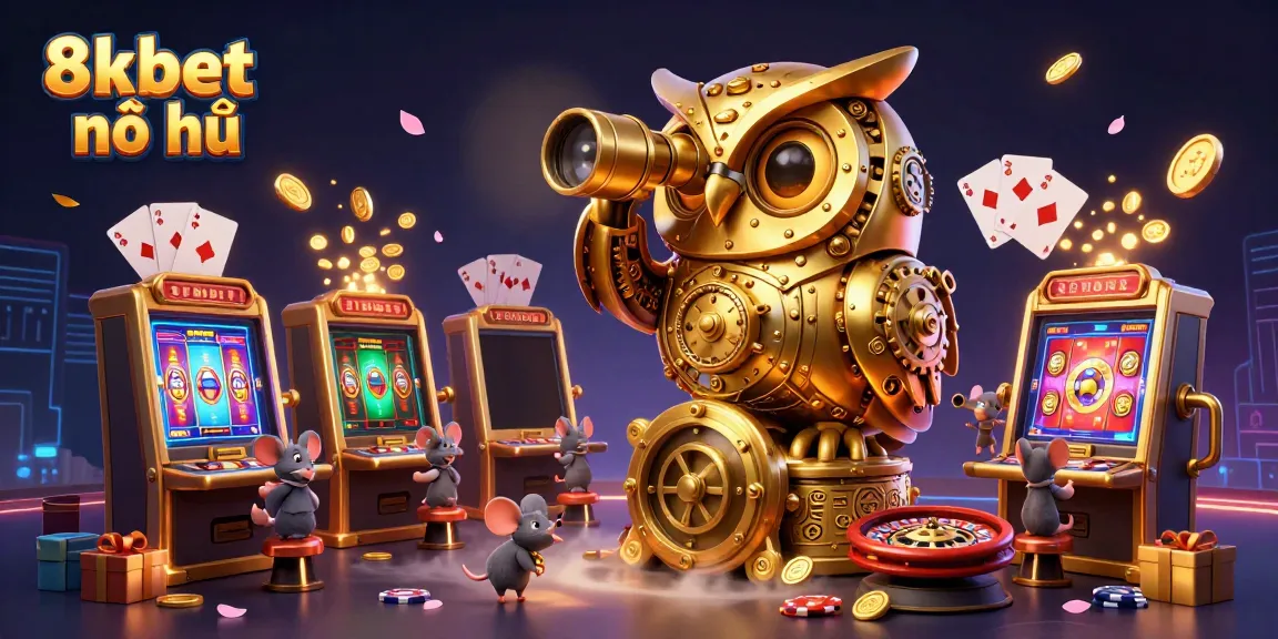 Experience thrilling 8xbet nổ hũ gameplay with golden owls, swirling coins, and lively slot machines in a vibrant casino scene.