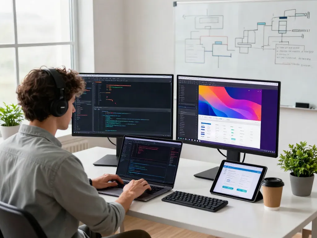 Developer utilizing instant indexing tools on a dual-monitor setup in a modern office.