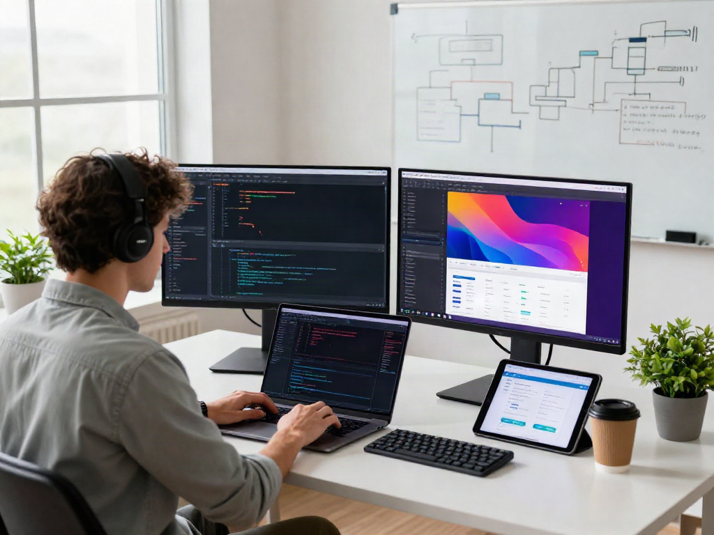 Developer utilizing instant indexing tools on a dual-monitor setup in a modern office.