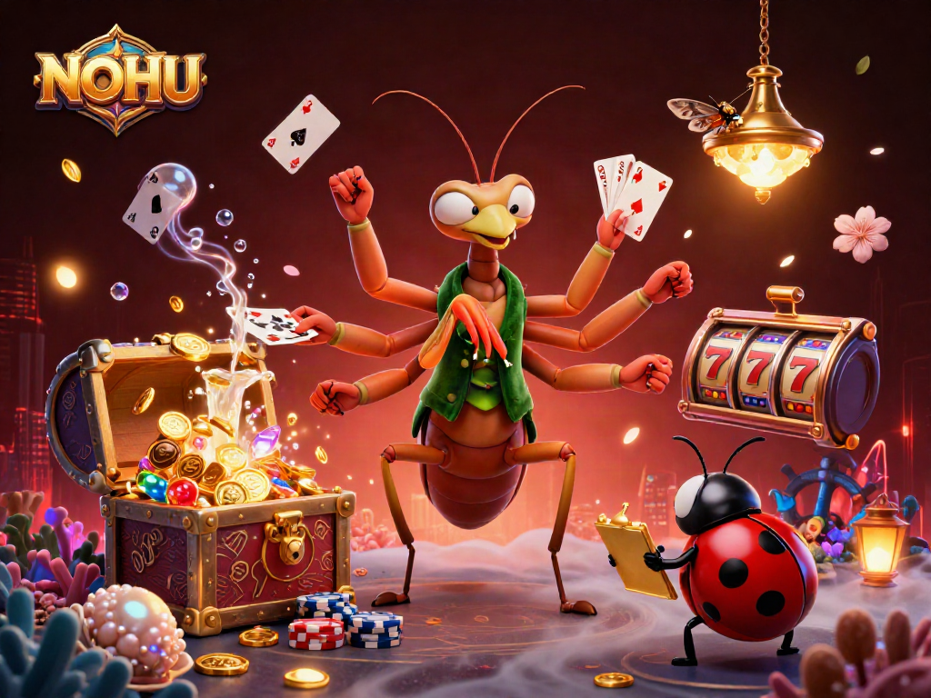 Engage with NOHU's vibrant casino scene featuring a giant mantis, ladybug pit boss, and riches.