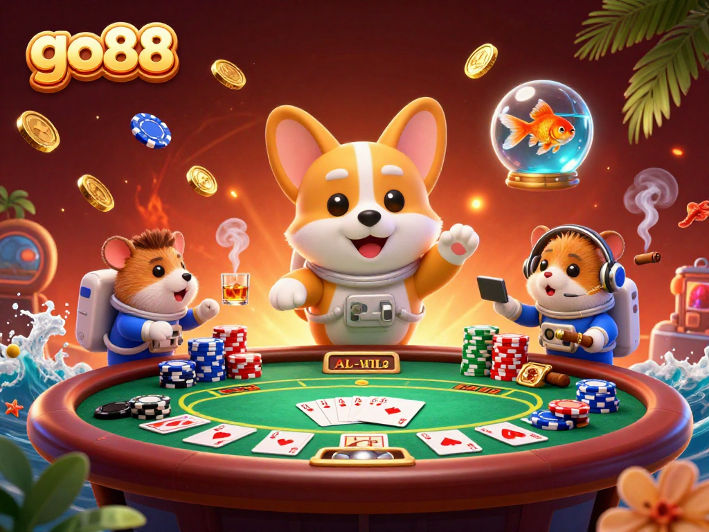 Experience the thrill of a go88 casino in space with animated characters and floating chips.