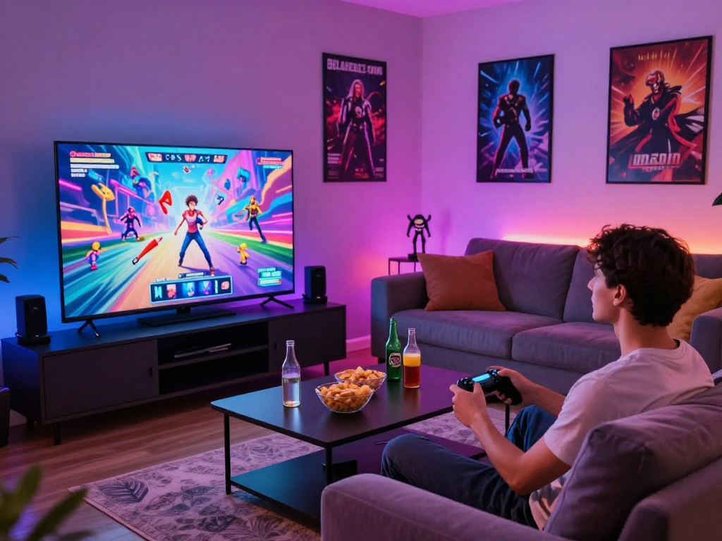 Couple enjoying interactive porn games in a vibrant gaming setup.