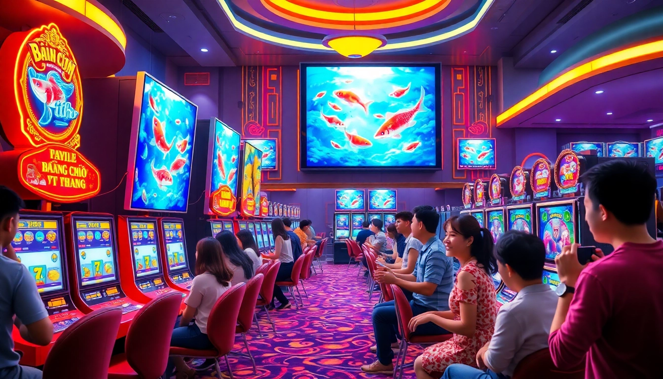 Exciting gameplay of bắn cá đổi thưởng with engaged players surrounded by vibrant casino elements.