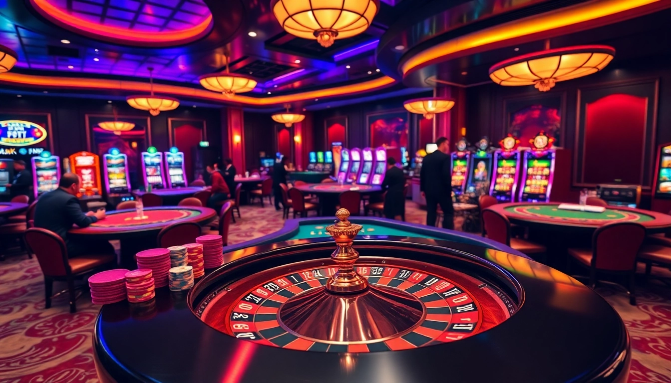 Explore the thrills of trang chủ rr88 with a vibrant casino scene depicting intense gaming moments at roulette and poker tables.