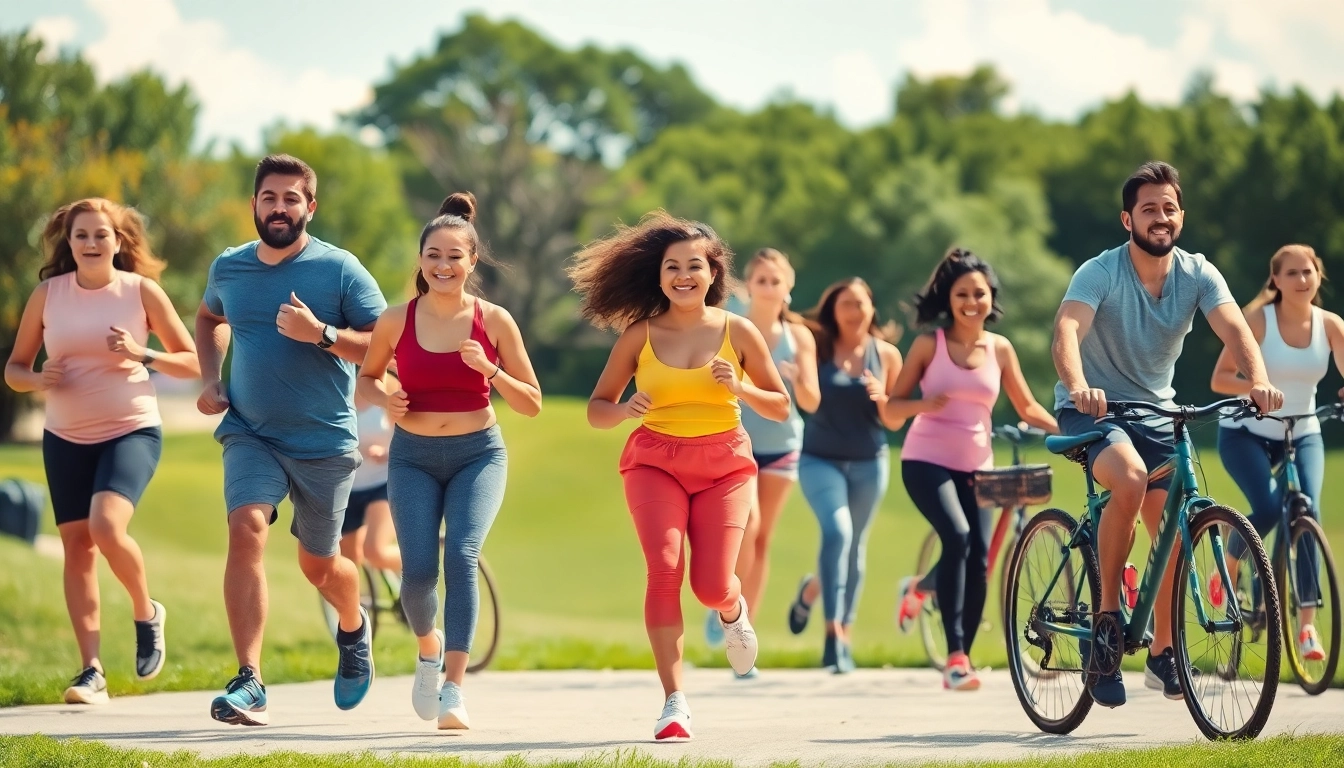 Dynamic group exercising outdoors, promoting Weight Loss through healthy activities.
