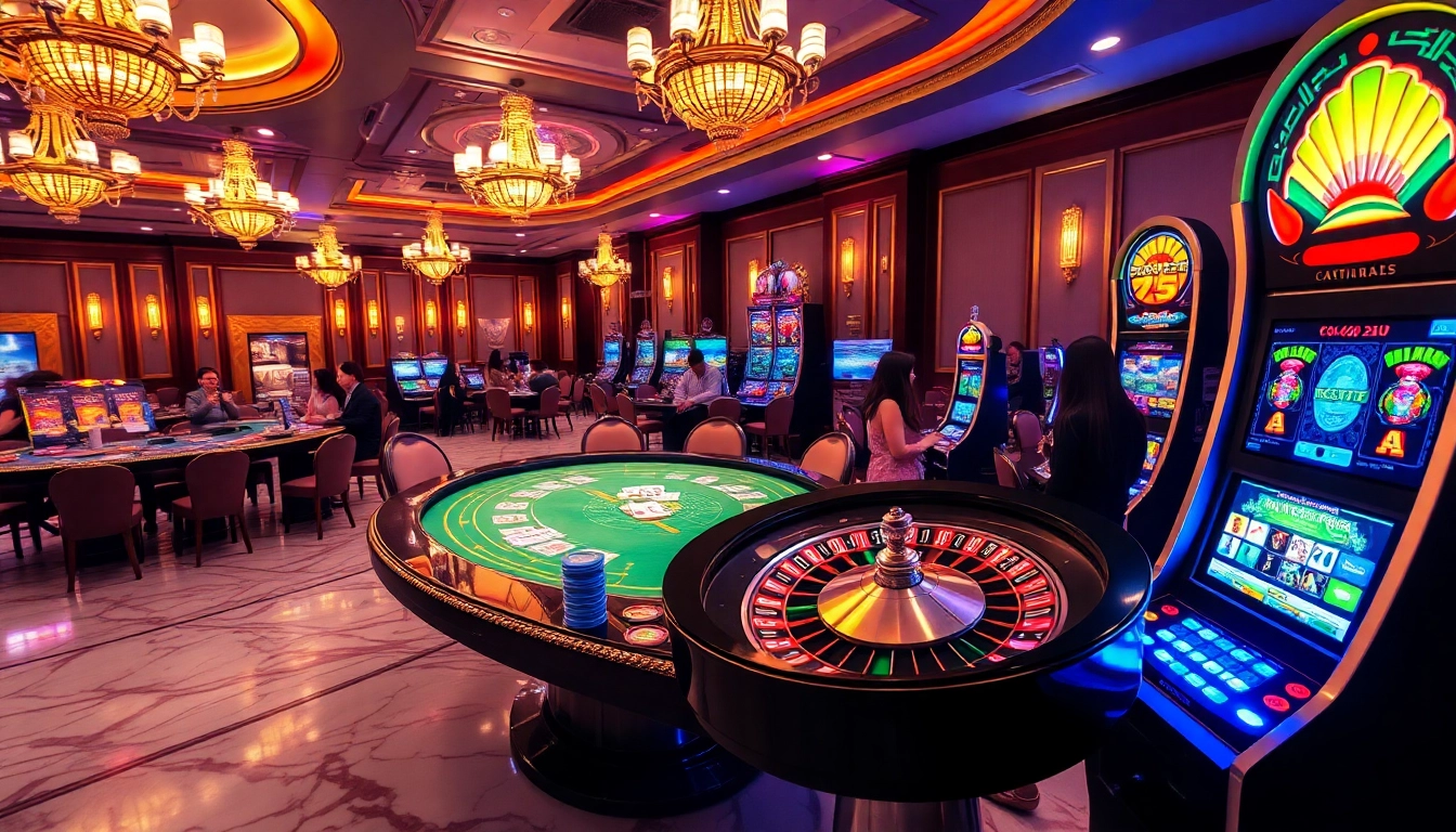Thrilling scene at a luxury casino, emphasizing Nhà cái uy tín with poker and roulette excitement.