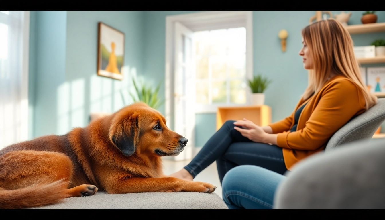 Anxiety treatment Sydney session featuring a therapy dog enhancing emotional support for clients.