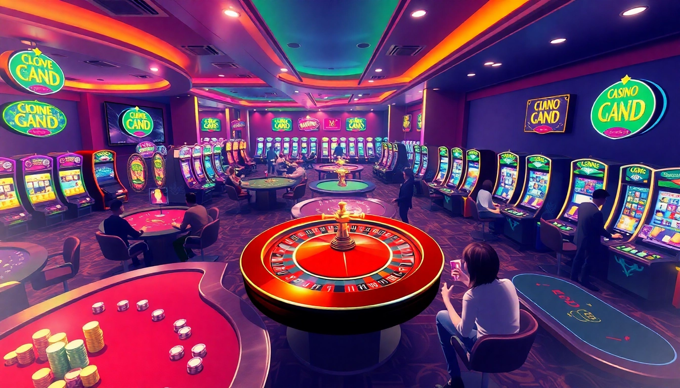 A thrilling casino atmosphere featuring KJC AC's gaming experience with tables, slot machines, and happy players.