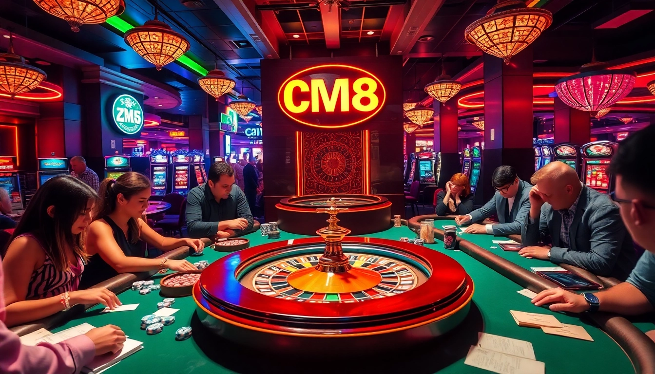 CM88 signs illuminate a lively casino scene with poker games and roulette tables, highlighting excitement in gambling.