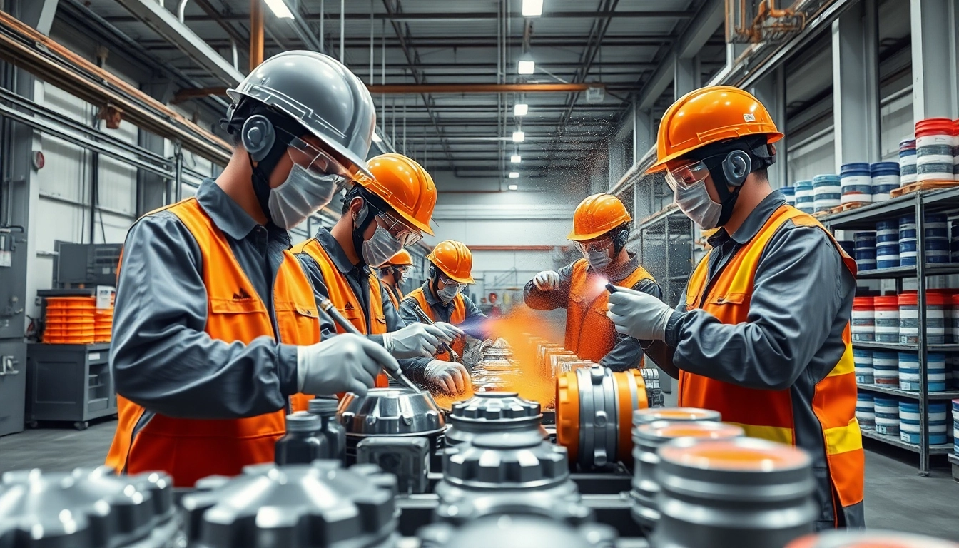 Powder coating malaysia in a modern die-casting facility with workers applying vibrant coatings.