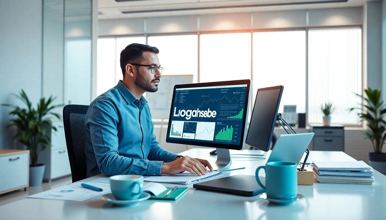 Logo muhasebe programı displayed on a computer in a modern office, emphasizing a professional accounting environment.