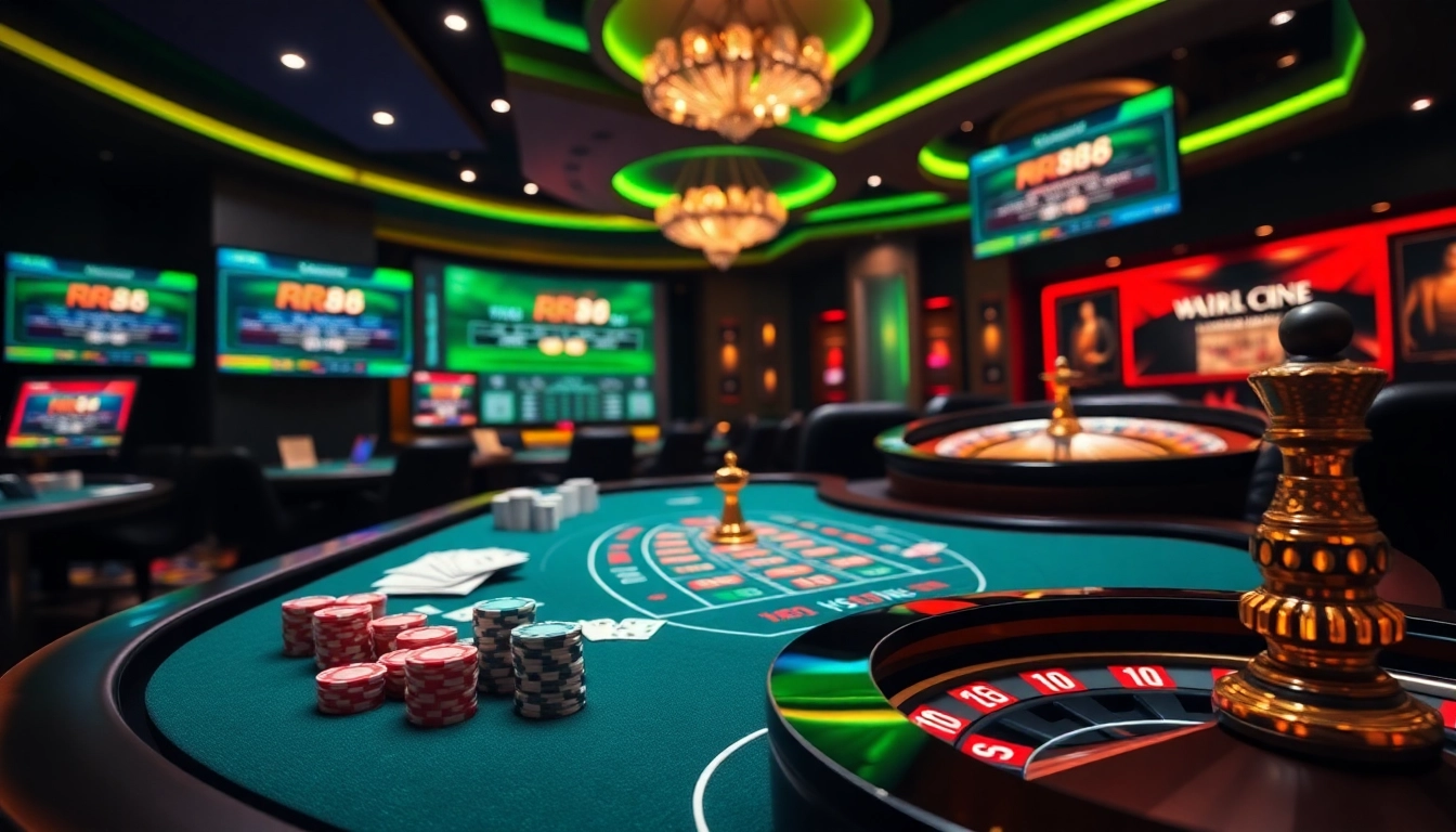 RR88 Đăng nhập interface highlighting vibrant casino atmosphere with gaming tables and chips.