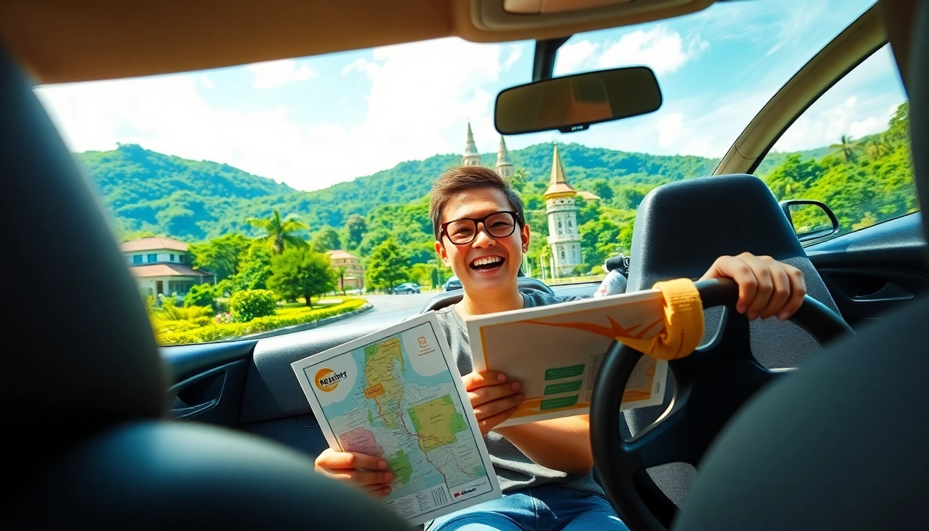 Kuching car hire: A joyful traveler driving a rental car in picturesque Kuching, Malaysia, surrounded by lush landmarks.