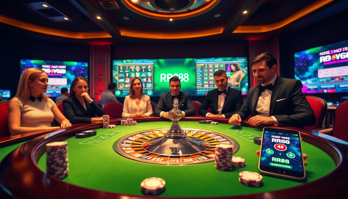 Experience thrilling gameplay at RR88 with vibrant poker chips and a roulette wheel.