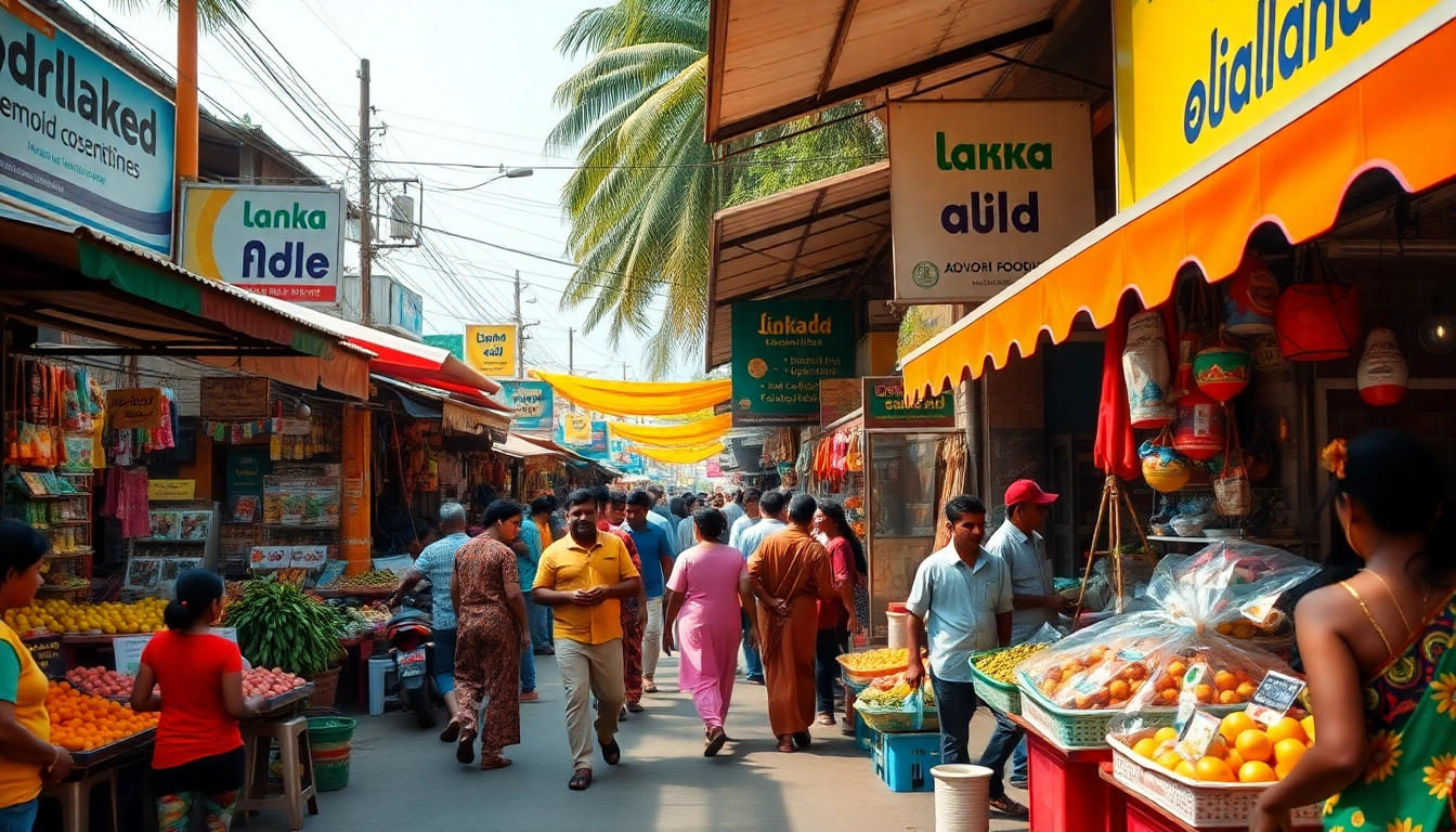 Lanka Add vibrant street market in Sri Lanka showcasing local vendors and colorful stalls.