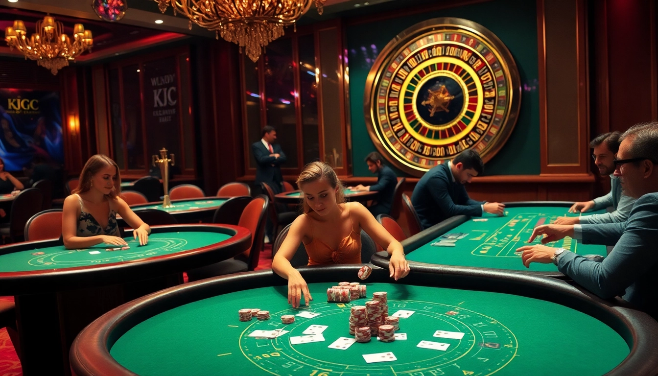 KJC players enjoying high-stakes games of poker and blackjack at a luxury casino.