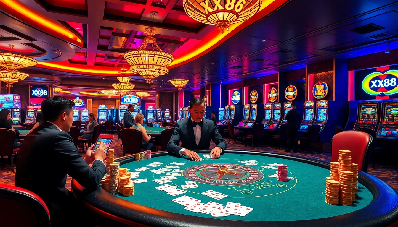 Players engaging in thrilling games at XX88 casino, vibrant environment filled with excitement.