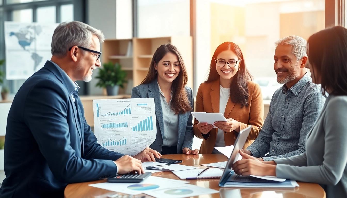 Scena księgowości dla firmy transportowej: księgowy pomagający różnym klientom w nowoczesnym biurze.