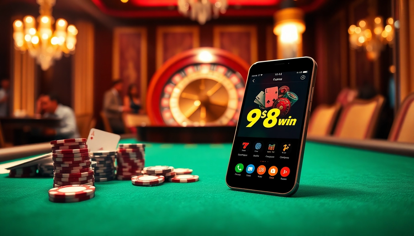 Engage with app 98win in a luxurious casino setting filled with vibrant gaming elements.
