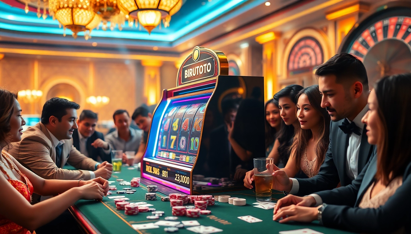Engaged gamers watching the birutoto slot machine spin in a luxurious casino.